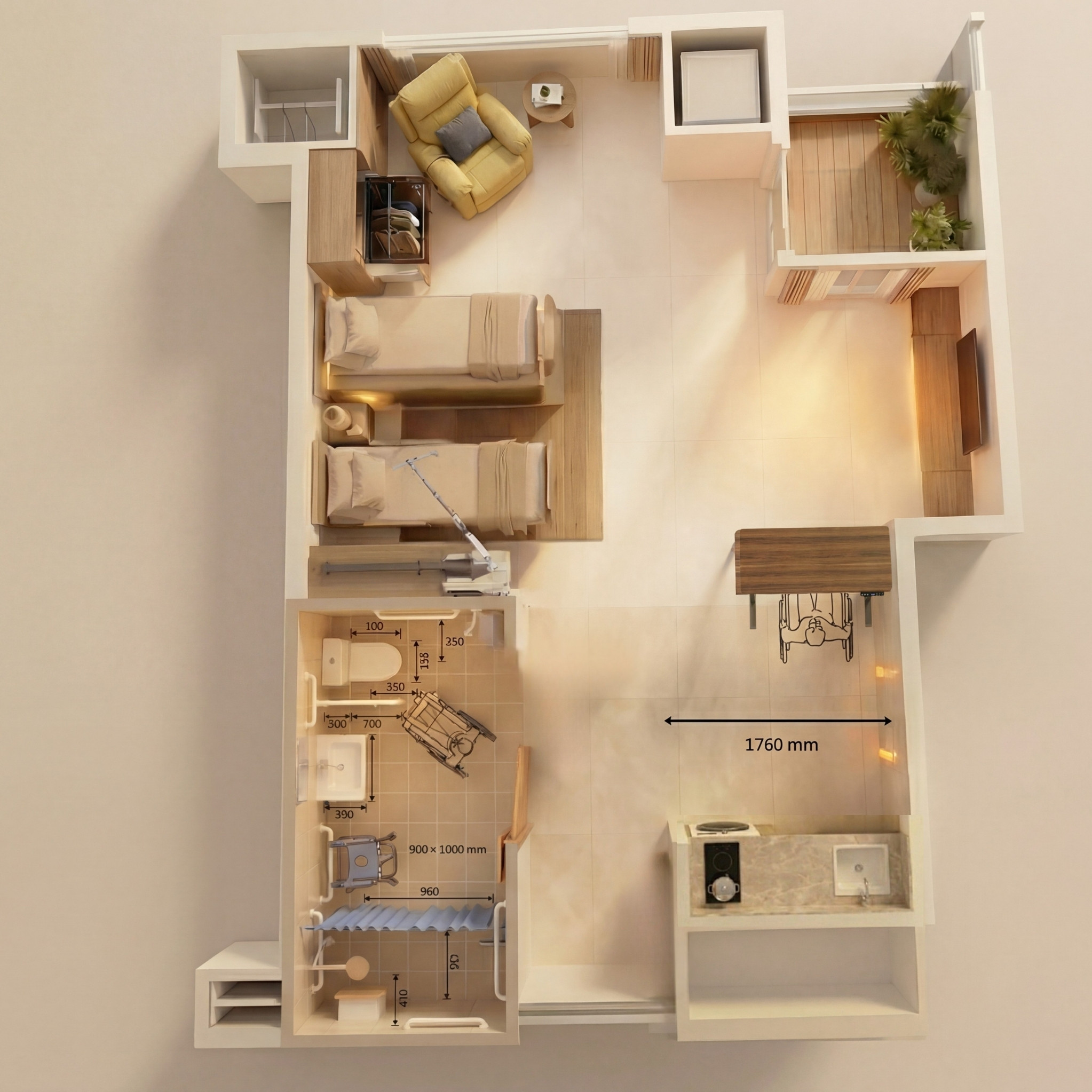 無障礙客房整體 3D 配置圖